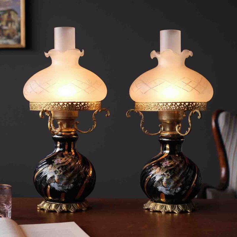 Vintage Porselen & Pirinç Çift Abajur MOP10